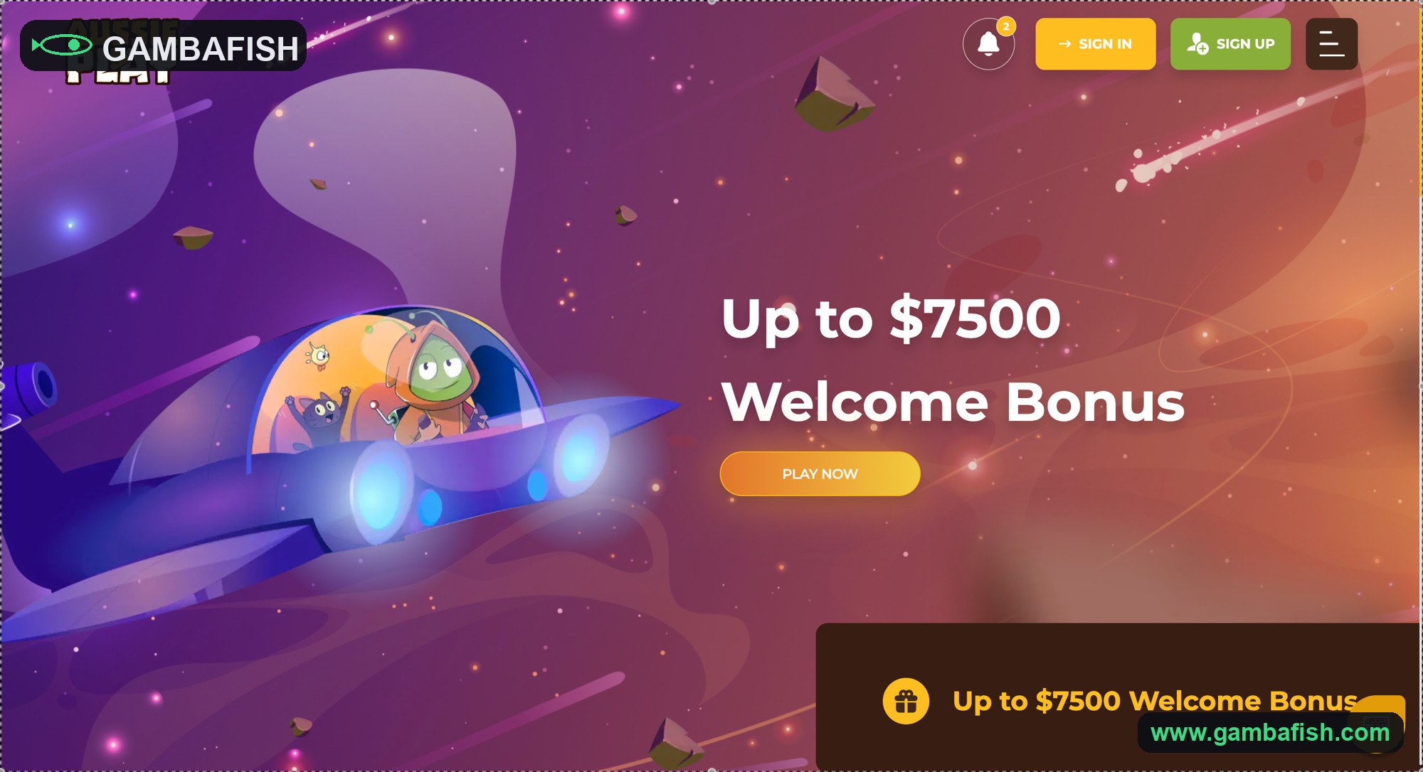 Space-themed casino homepage with an up-to-7500 welcome bonus banner