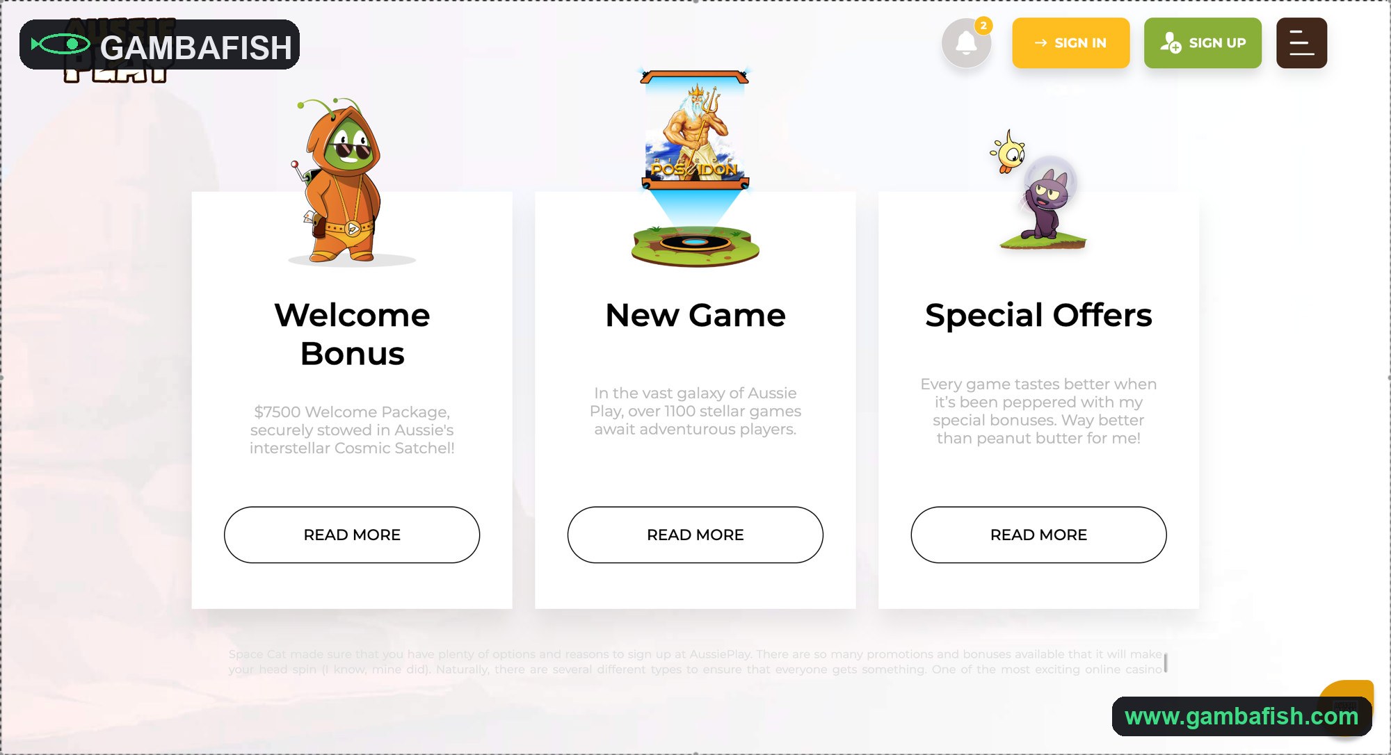 Promotions page with welcome bonus, new game and special offer cards