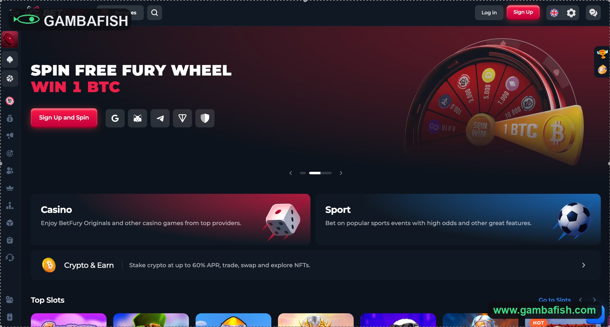 Crypto casino and sportsbook lobby with a spin-to-win prize wheel