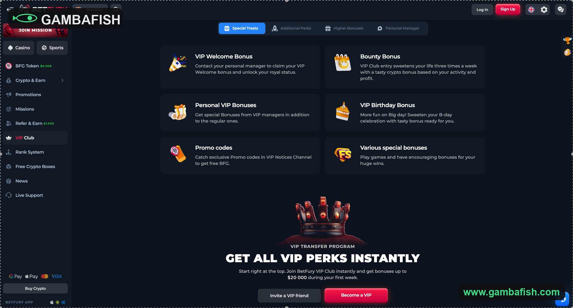 VIP club perks grid with bounty, birthday and personal-manager bonuses