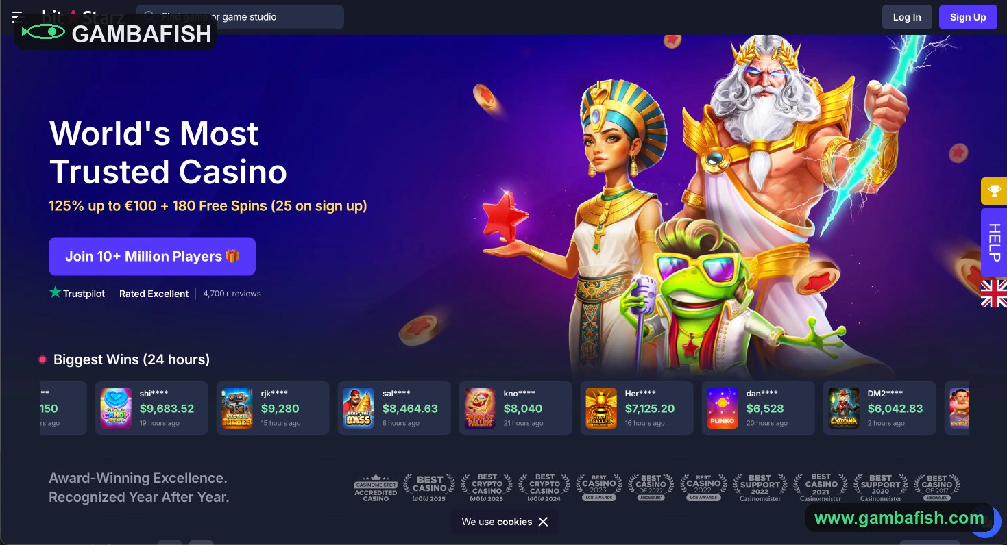 Casino homepage hero with the welcome bonus and a biggest-wins ticker