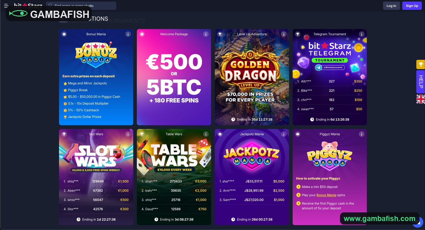 Promotions grid of tournaments and deposit jackpots with live prize tables
