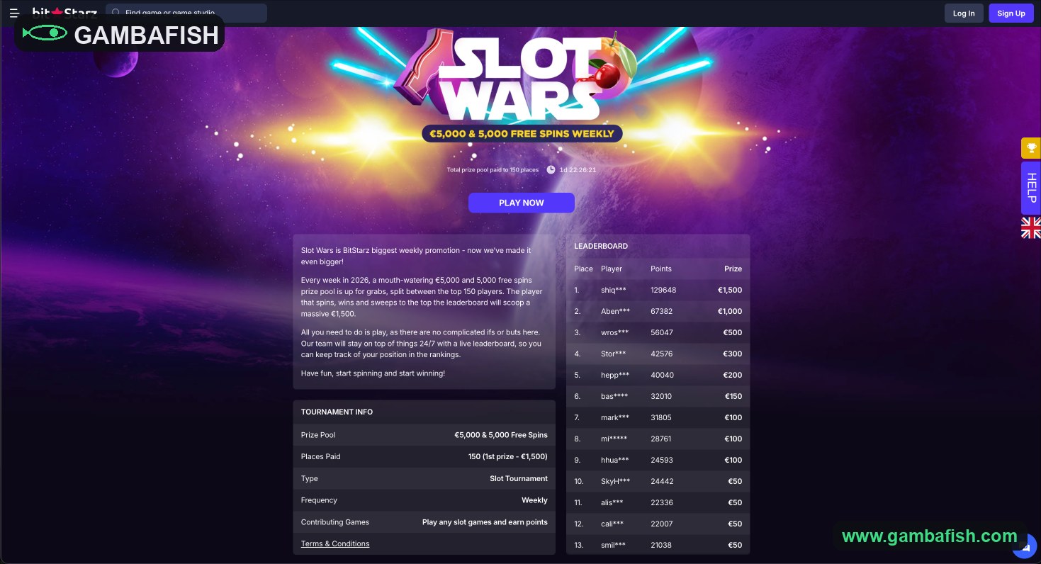 Slot Wars tournament screen with a cash and free-spins leaderboard
