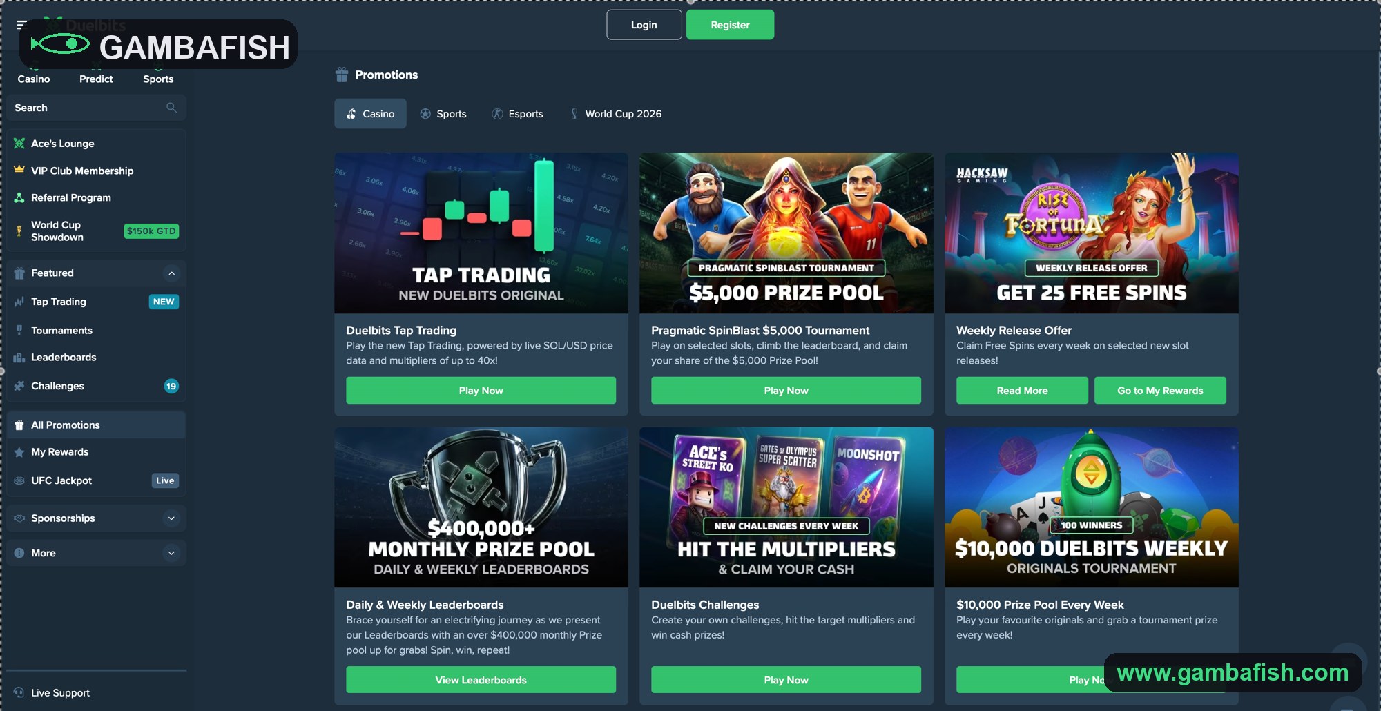 Promotions board of tournaments, free spins and weekly prize pools