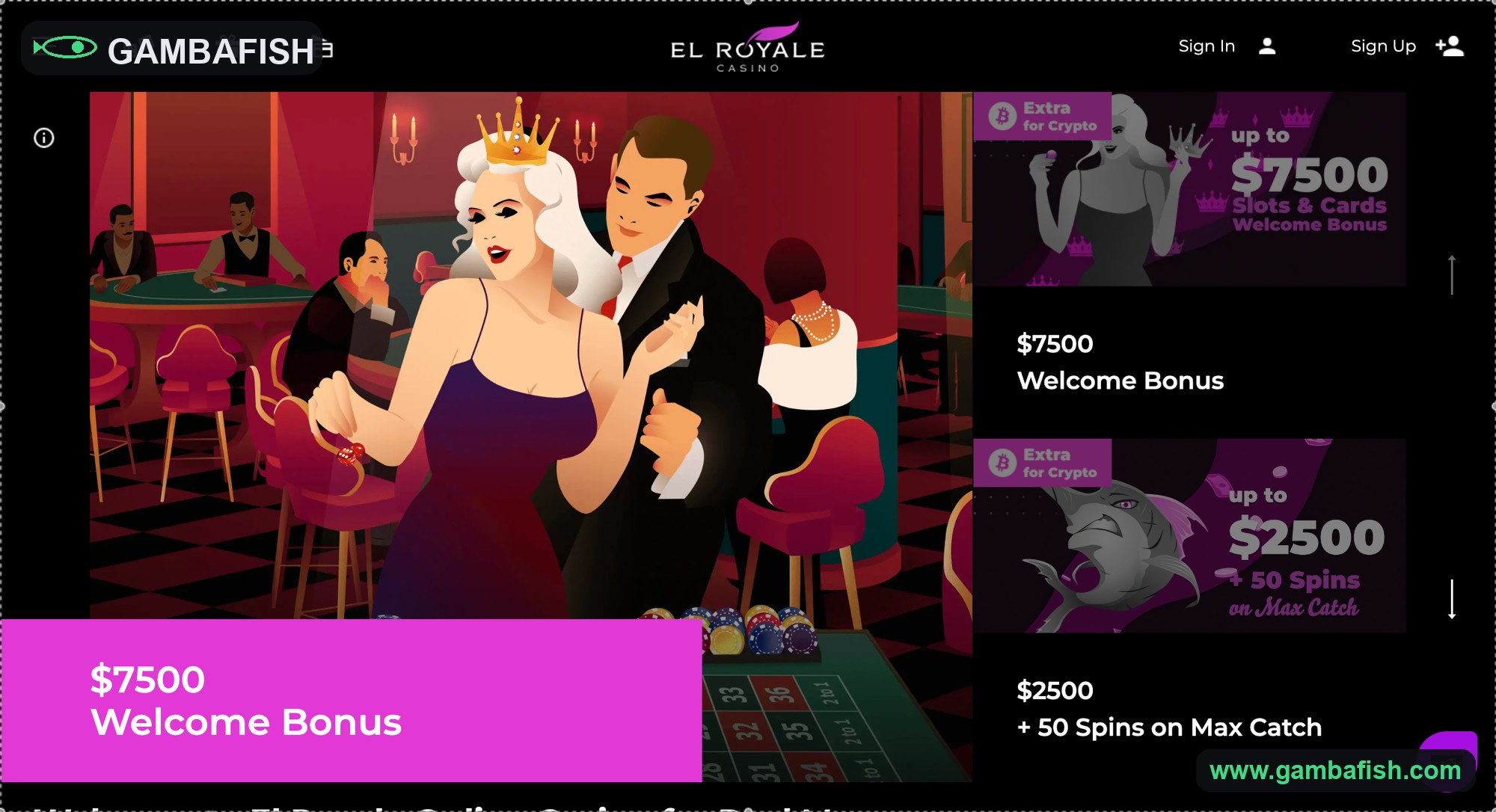 Art-deco casino homepage with a dancing couple and welcome bonus panels