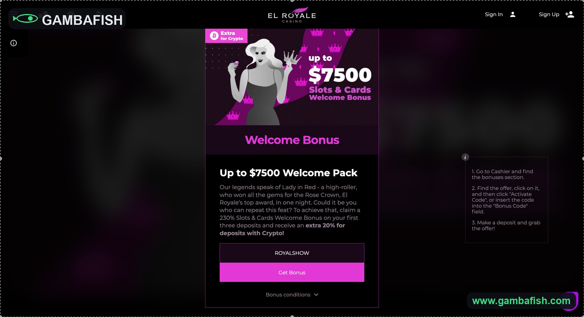 Welcome bonus detail showing a 230 percent match with a crypto boost and code