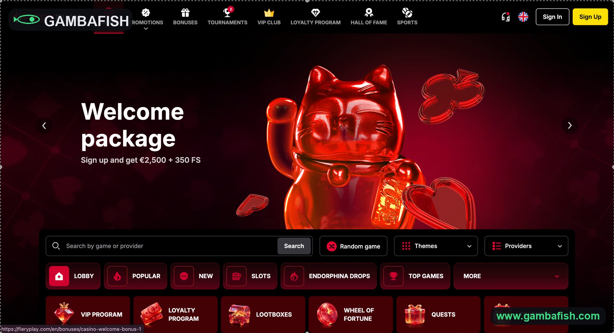 Dark red slots lobby with a welcome package banner and lucky-cat art