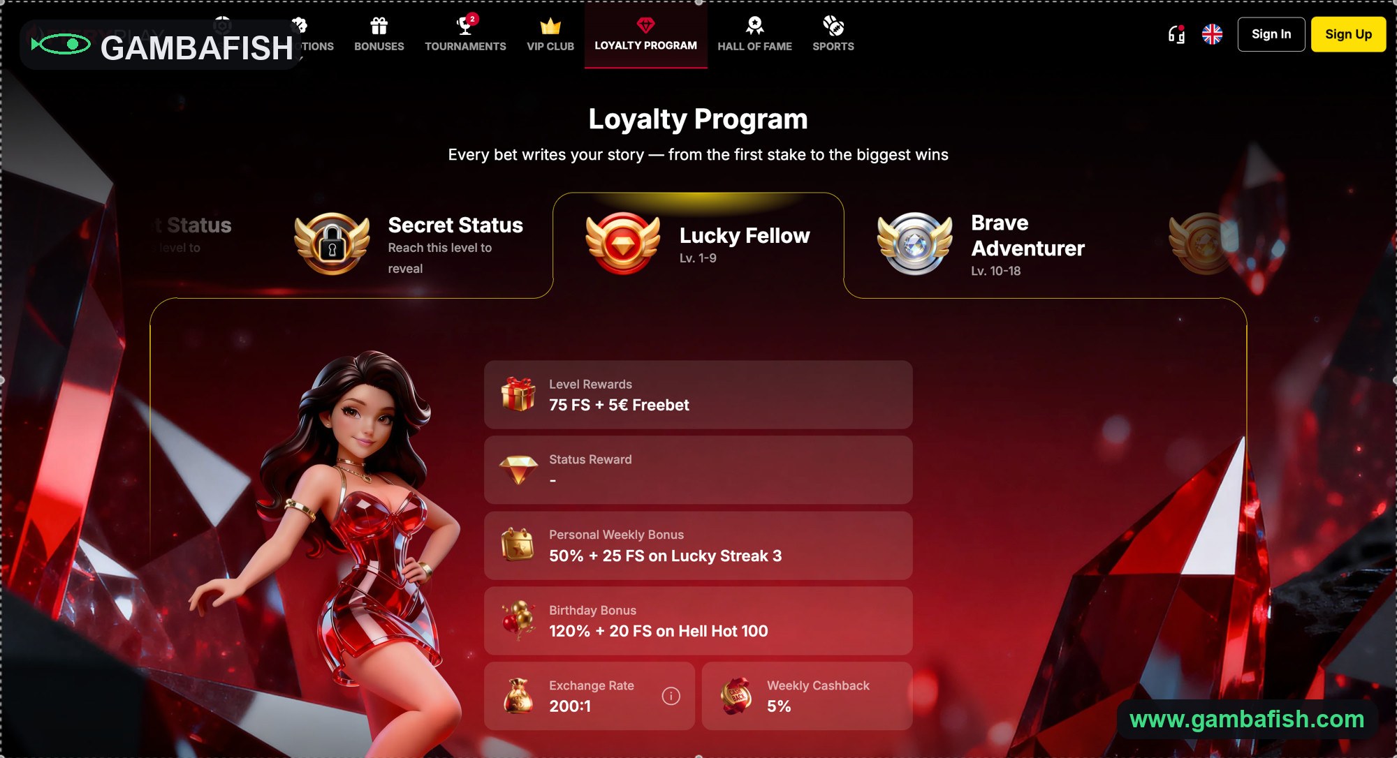 Loyalty status panel showing level rewards, weekly bonus and exchange rate