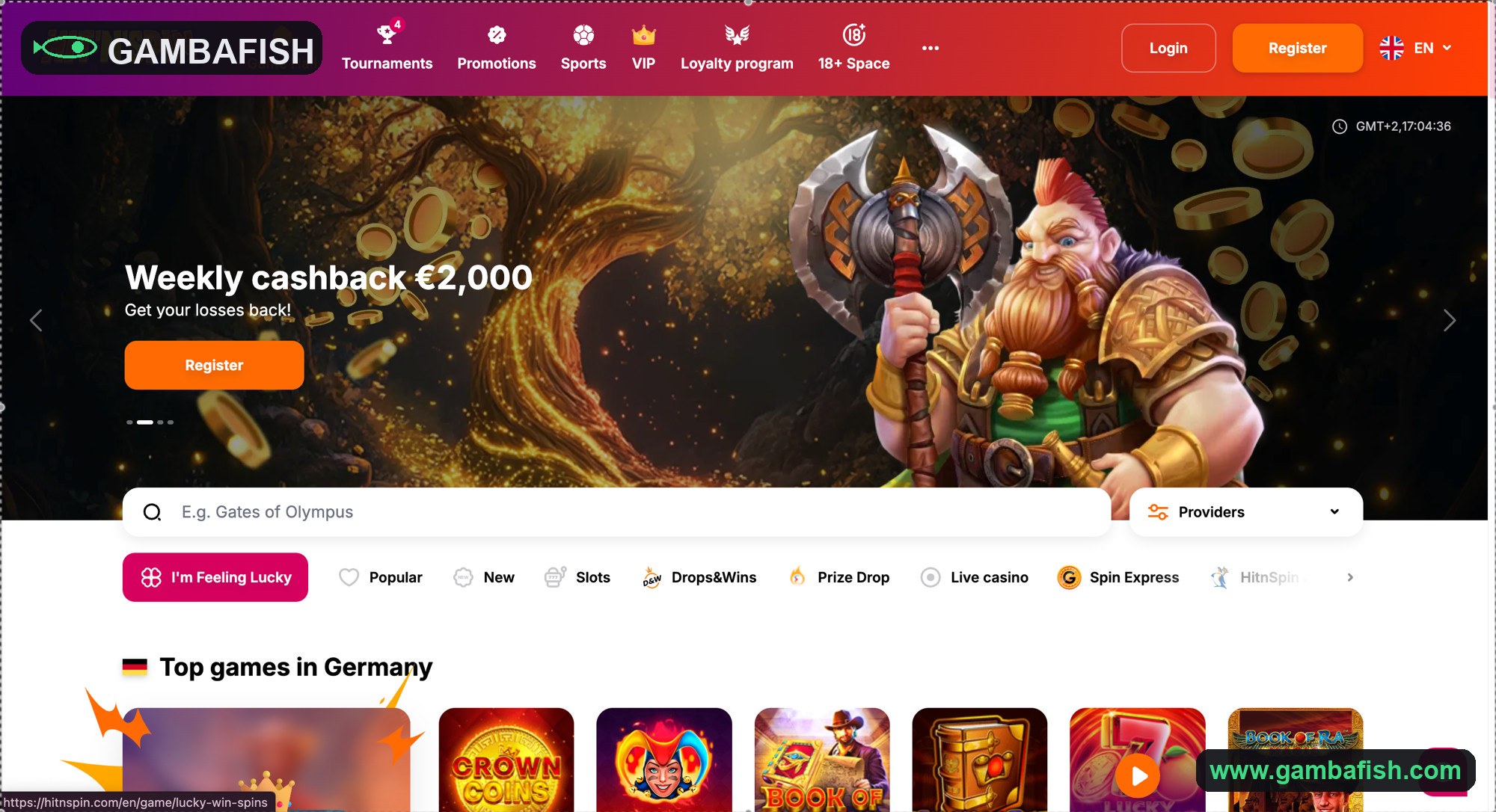 Dark slots lobby with a weekly cashback banner and search