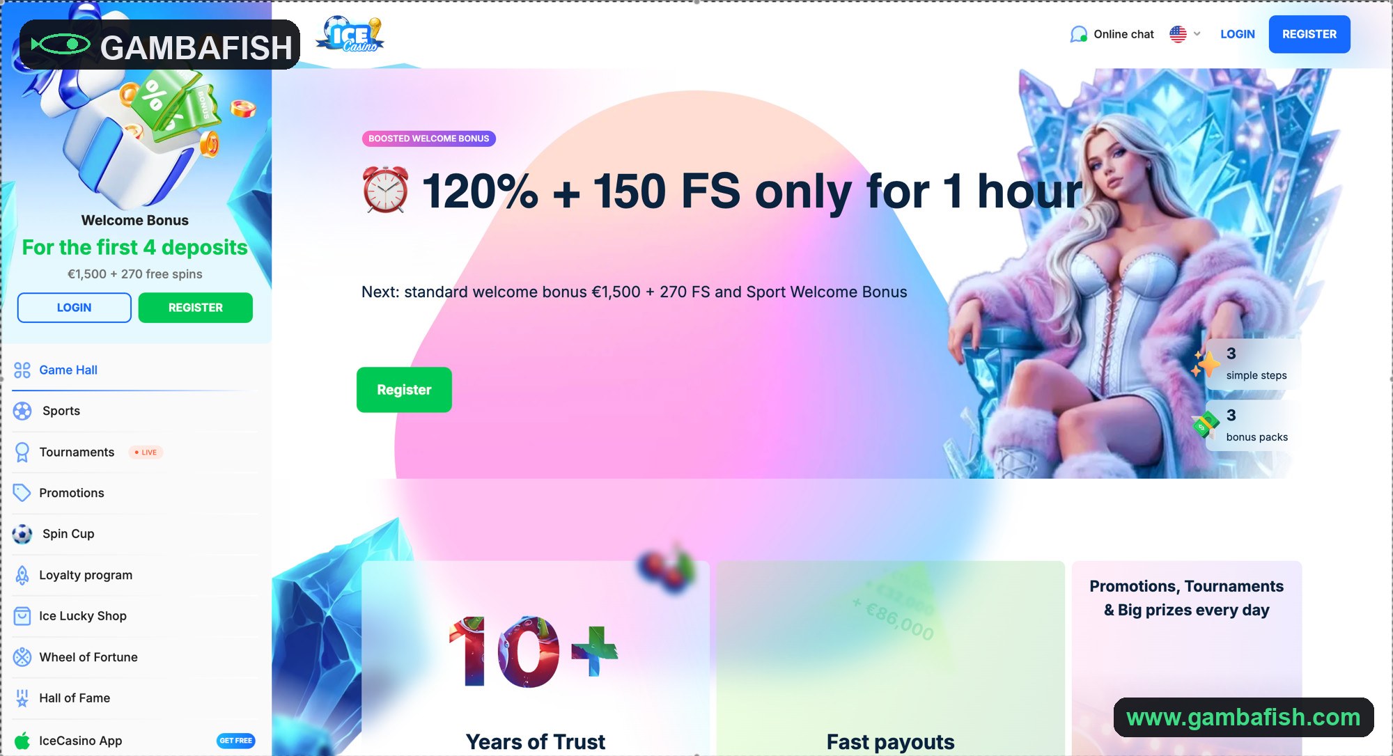 Ice-themed slots lobby with a boosted welcome bonus banner