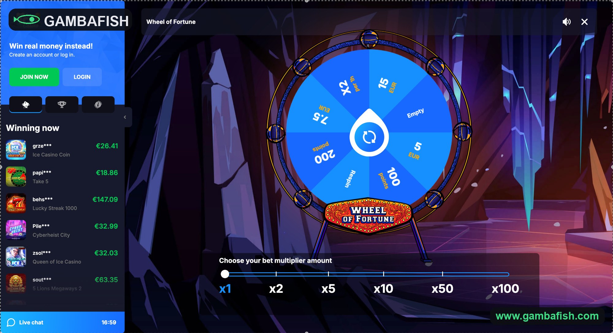 Wheel of Fortune mini-game with cash, free-spin and points segments