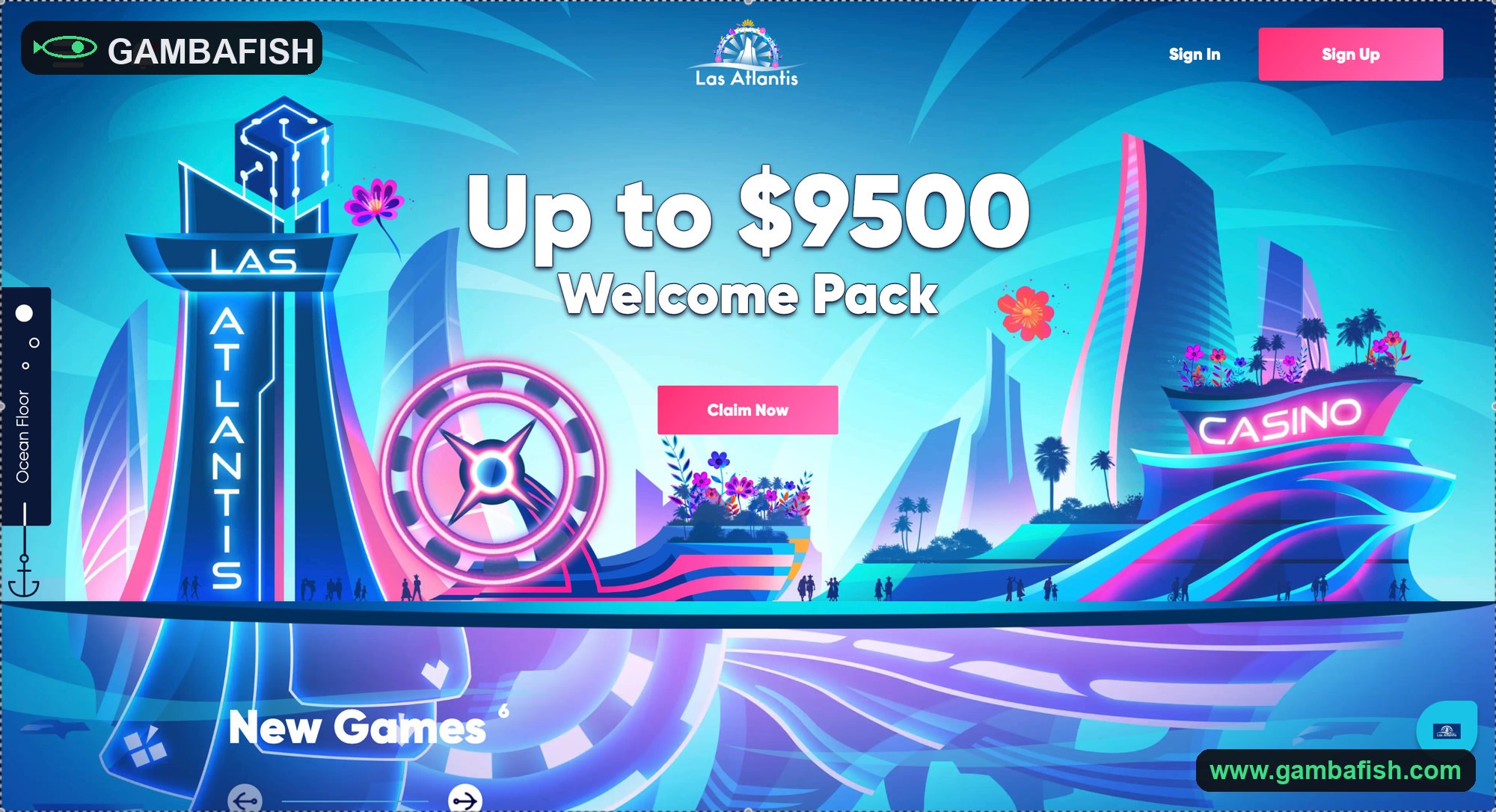 Neon underwater city homepage with an up-to-9500 welcome pack banner