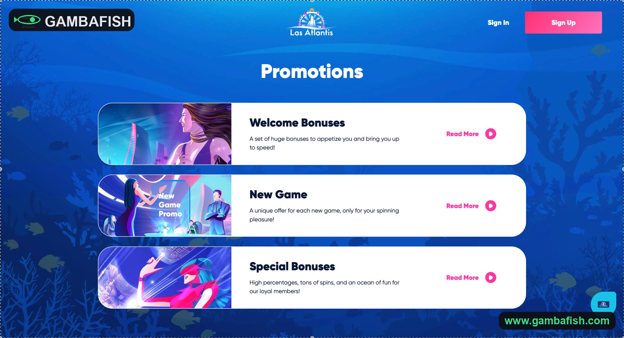 Promotions page with welcome bonuses, new game and special bonus cards