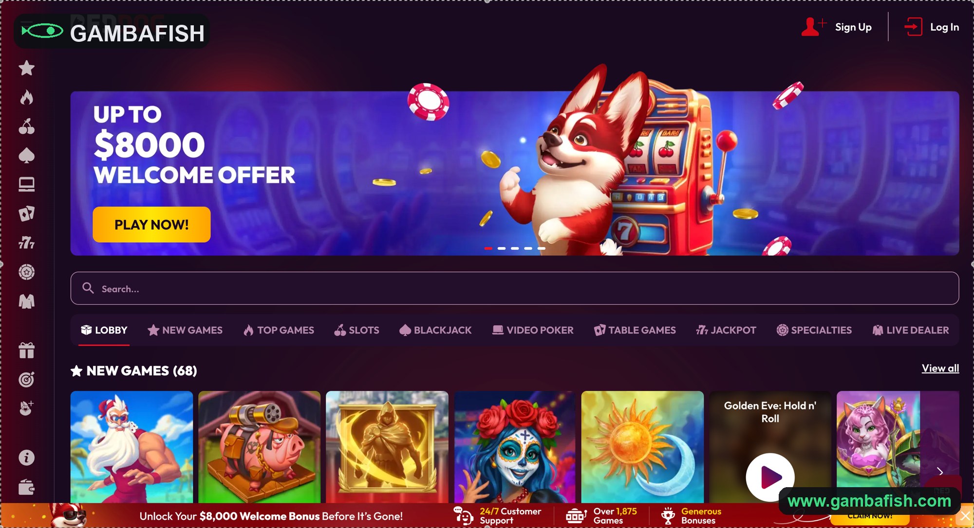 Casino homepage with a corgi mascot and an up-to-8000 welcome offer