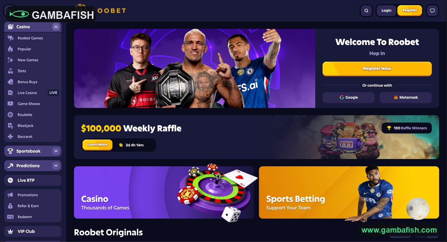 Casino home page leading with the weekly raffle banner