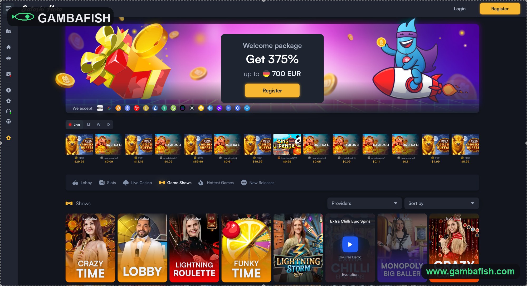 Crypto casino home page with a 375% welcome package and a live game-show row