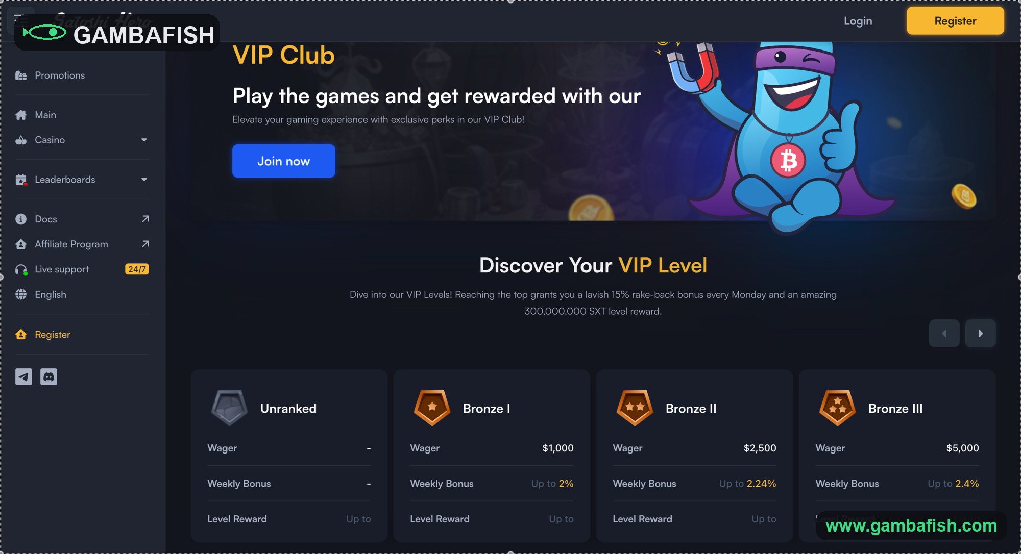 VIP club page with the rakeback tier ladder from Bronze upward