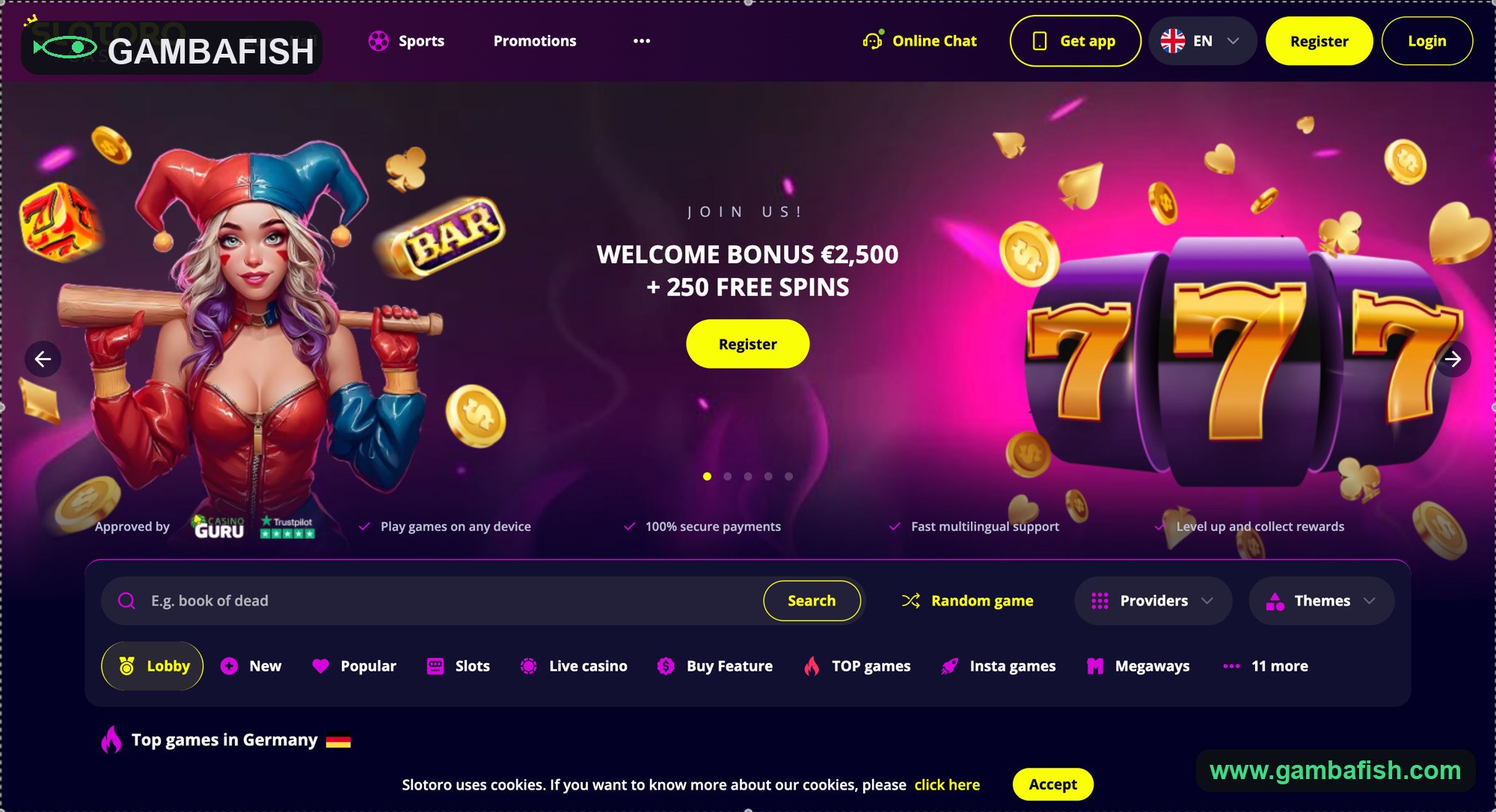 Purple slots lobby with a welcome bonus and free spins banner