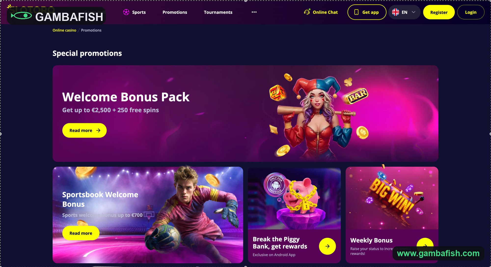 Promotions board with the welcome pack, sportsbook and weekly bonus offers