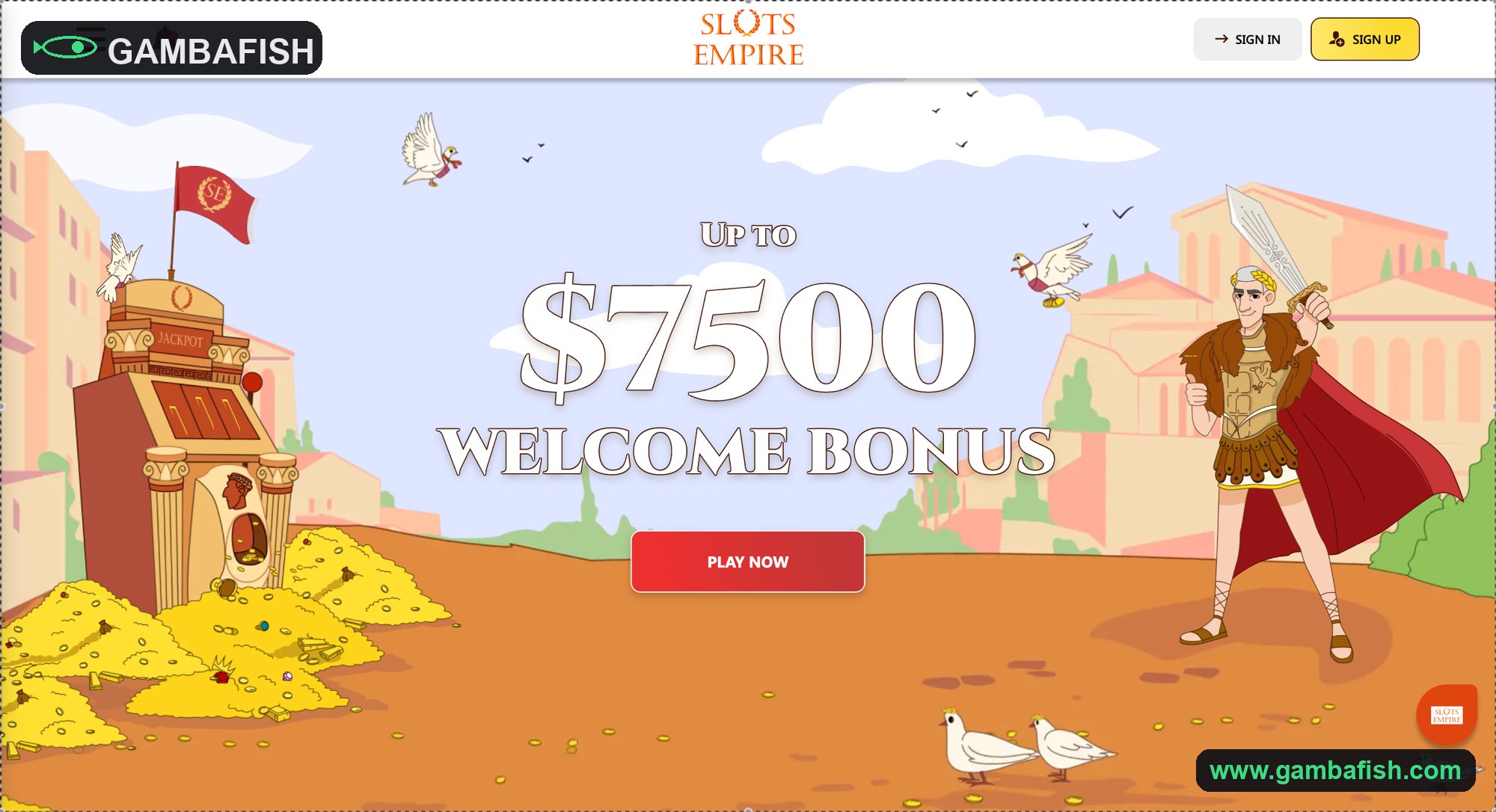 Roman-themed homepage with a centurion and an up-to-7500 welcome bonus