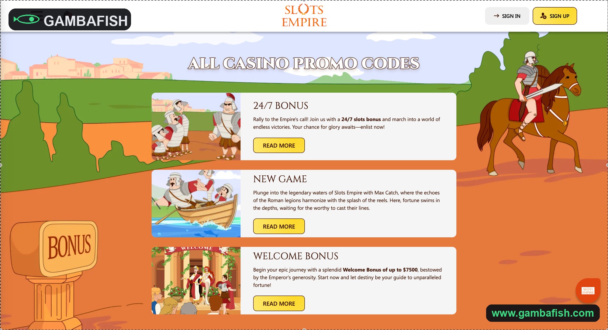 Promo codes page with a 24/7 bonus, new game and welcome bonus cards