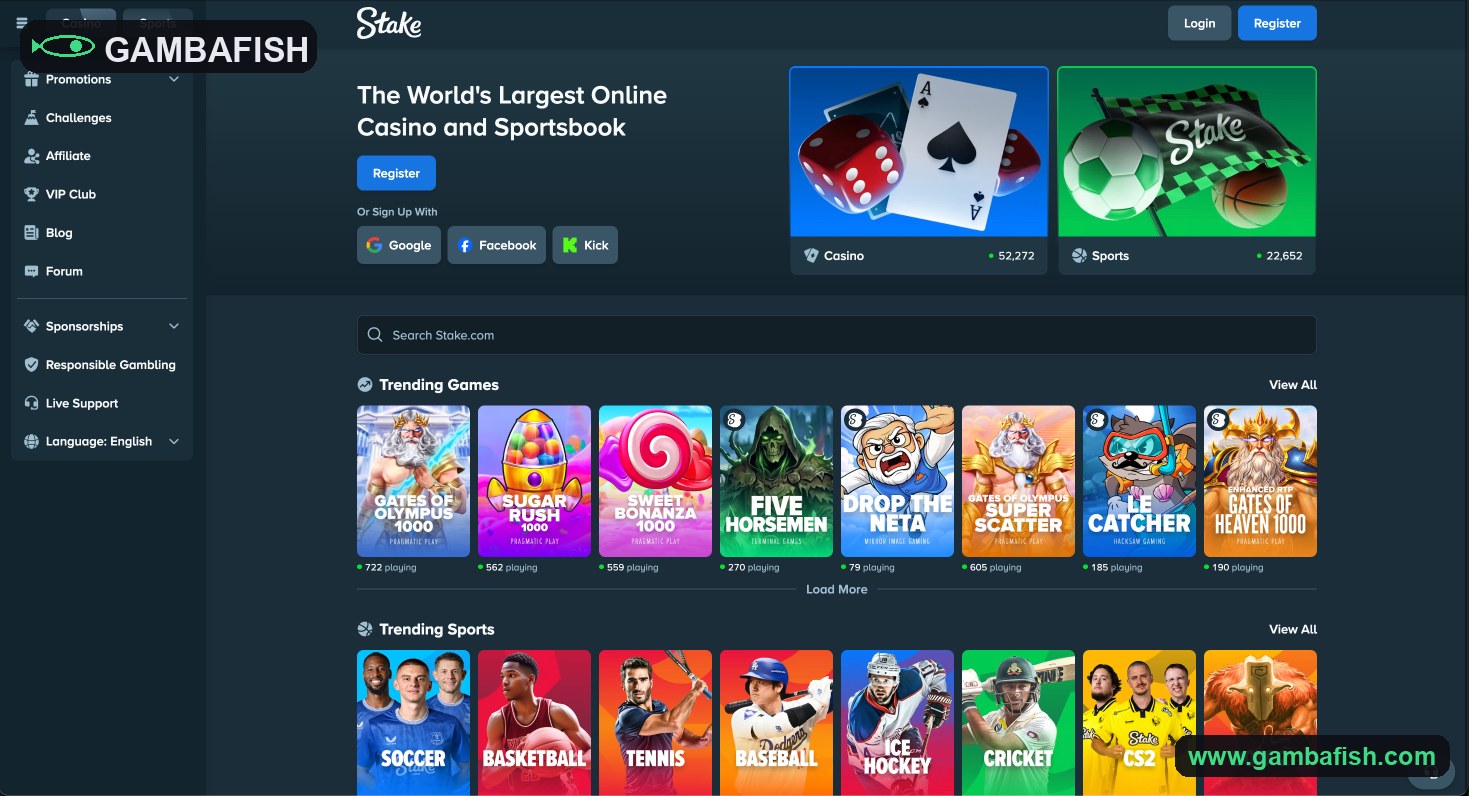 Casino and sportsbook lobby with live player counts on trending slots
