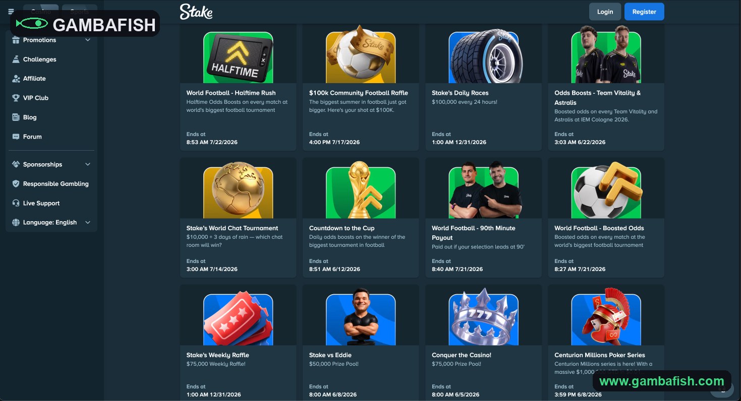 Promotions board of weekly raffles, daily races and prize-pool tournaments