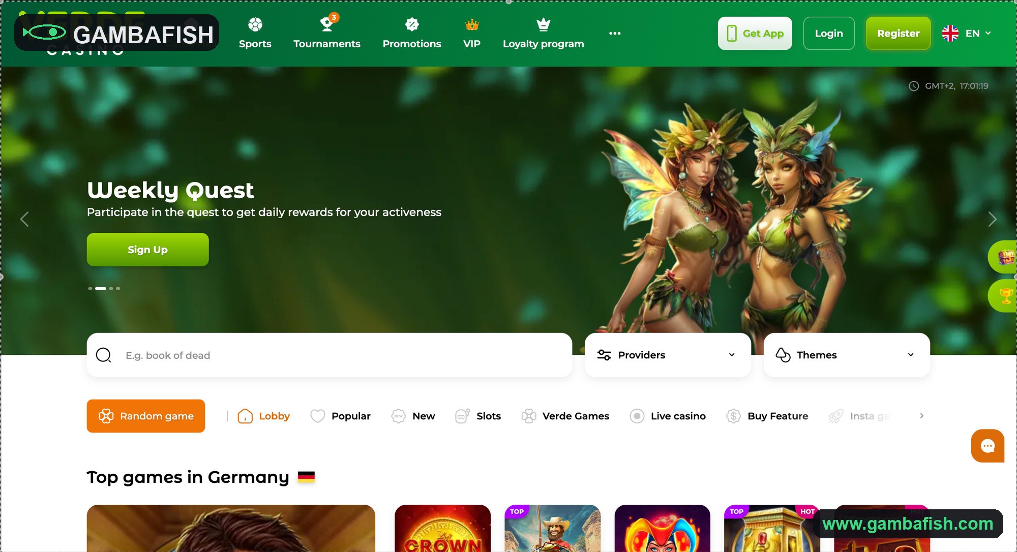 Forest-themed slots lobby with a weekly quest banner and search