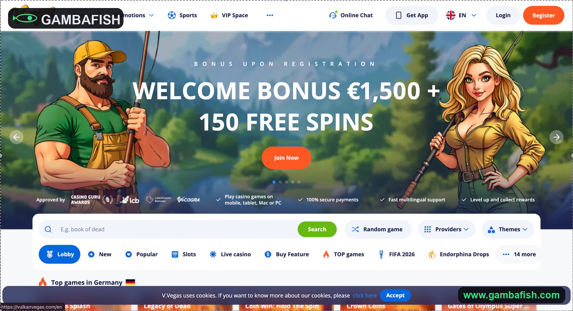 Slots lobby hero showing a welcome bonus and free spins offer